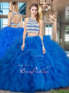 Sexy Scoop Sleeveless Quinceanera Dresses Floor Length Beading and Ruffles Blue Tulle