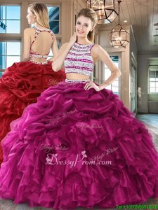 Deluxe Fuchsia Quinceanera Dresses Military Ball and Sweet 16 and Quinceanera and For withBeading and Ruffles and Pick Ups Scoop Sleeveless Backless