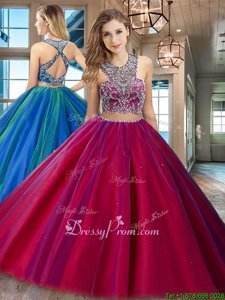 Sweet Fuchsia Tulle Criss Cross Scoop Sleeveless Floor Length Ball Gown Prom Dress Beading