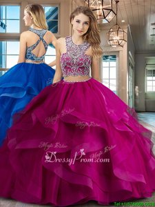Customized Fuchsia Sleeveless Tulle Brush Train Criss Cross Quinceanera Dress forMilitary Ball and Sweet 16 and Quinceanera