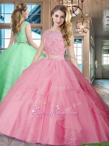 Top Selling Rose Pink Lace Up Bateau Lace and Ruffles Sweet 16 Dresses Tulle Sleeveless Brush Train