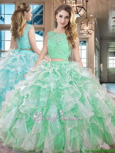 Gorgeous Apple Green Lace Up Bateau Lace and Ruffles Quinceanera Gown Organza Sleeveless