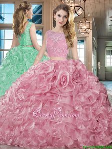 Affordable Sleeveless With Train Lace and Ruffles Lace Up Quinceanera Gown with Pink Brush Train