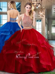 Admirable Red Backless Sweet 16 Quinceanera Dress Beading and Ruffles Sleeveless With Brush Train