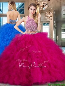 Customized With Train Backless Sweet 16 Dresses Fuchsia and In forMilitary Ball and Sweet 16 and Quinceanera withBeading and Ruffles Brush Train