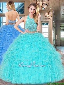 Custom Made Sleeveless Tulle Floor Length Backless Quinceanera Dress inAqua Blue forSpring and Summer and Fall and Winter withBeading and Ruffles
