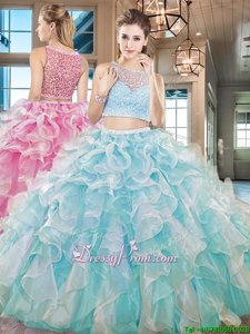 Fashionable Floor Length Side Zipper 15 Quinceanera Dress Aqua Blue and In forMilitary Ball and Sweet 16 and Quinceanera withBeading and Ruffles