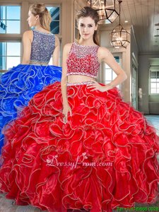 Smart Bateau Sleeveless 15th Birthday Dress Floor Length Beading and Ruffles Red Organza