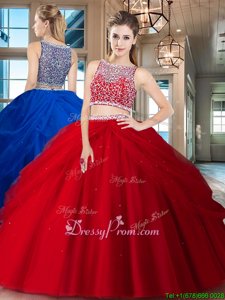 Red Two Pieces Tulle Bateau Sleeveless Beading and Pick Ups Floor Length Side Zipper Vestidos de Quinceanera
