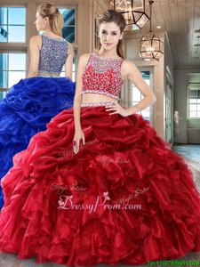 Perfect Wine Red Two Pieces Beading and Ruffles and Pick Ups Sweet 16 Dresses Side Zipper Organza Sleeveless Floor Length