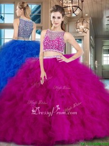 Luxurious Fuchsia Bateau Neckline Beading and Ruffles 15 Quinceanera Dress Sleeveless Side Zipper