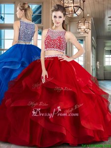 Red Sleeveless Beading and Ruffles Floor Length Sweet 16 Quinceanera Dress