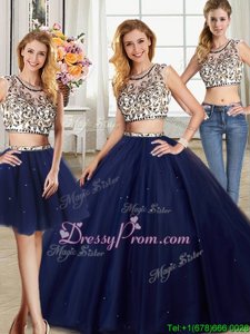 Super Scoop Cap Sleeves Quinceanera Gowns With Brush Train Beading Navy Blue Tulle