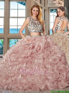 Comfortable Pink Cap Sleeves Organza Brush Train Backless Vestidos de Quinceanera forMilitary Ball and Sweet 16 and Quinceanera