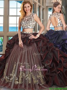 Fashion Burgundy Organza and Tulle Backless Quinceanera Dress Cap Sleeves With Brush Train Beading and Embroidery and Pick Ups