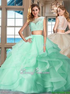 Sophisticated Tulle Bateau Cap Sleeves Zipper Appliques and Ruffles Quince Ball Gowns inApple Green
