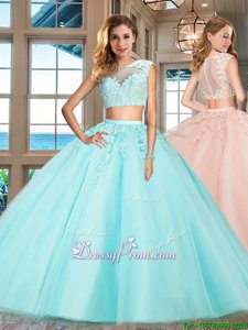 Attractive Cap Sleeves Tulle Floor Length Zipper Ball Gown Prom Dress inAqua Blue forSpring and Summer and Fall and Winter withAppliques