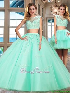 Dazzling Apple Green Quinceanera Gowns Military Ball and Sweet 16 and Quinceanera and For withAppliques Bateau Cap Sleeves Zipper