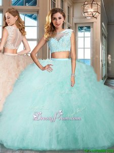 Cap Sleeves Floor Length Appliques and Ruffles Zipper Sweet 16 Dresses with Aqua Blue