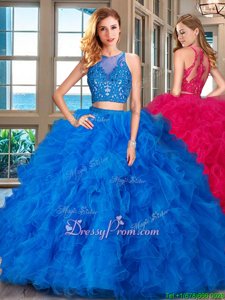 Pretty Blue Sleeveless Floor Length Beading and Ruffles Zipper 15 Quinceanera Dress