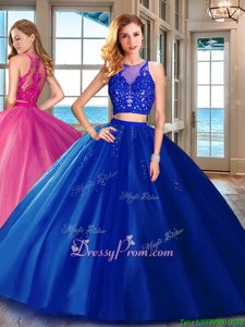 Pretty Royal Blue Two Pieces Tulle Scoop Sleeveless Appliques Floor Length Zipper Sweet 16 Dresses