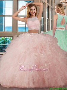 Cheap Pink Two Pieces Beading and Ruffles Quinceanera Gown Backless Tulle Sleeveless Floor Length