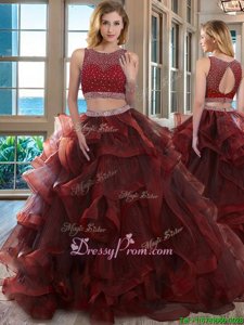 Flare Scoop Sleeveless Quince Ball Gowns Floor Length Beading Burgundy Organza