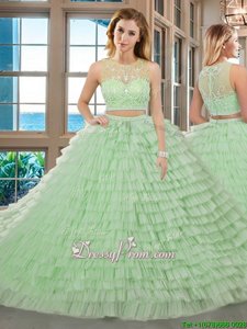 Enchanting Two Pieces 15 Quinceanera Dress Yellow Green Scoop Tulle Sleeveless Floor Length Zipper