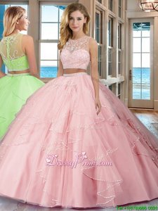 Ideal Beading and Ruffles Quinceanera Dresses Baby Pink Zipper Sleeveless Floor Length