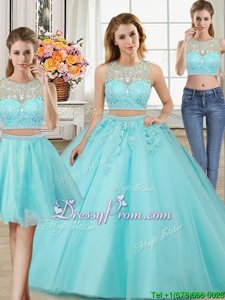 Artistic Aqua Blue Two Pieces Beading and Appliques Quince Ball Gowns Zipper Tulle Sleeveless Floor Length