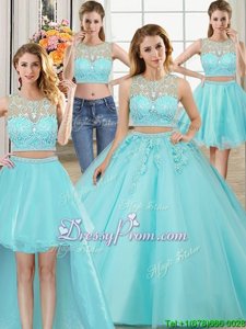 Deluxe Scoop Sleeveless Zipper Ball Gown Prom Dress Aqua Blue Tulle
