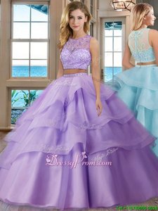 Adorable Sleeveless Floor Length Beading and Appliques and Ruffled Layers Zipper Quince Ball Gowns with Lavender