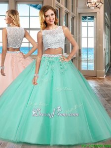 Glamorous Floor Length Apple Green Sweet 16 Dress Tulle Sleeveless Spring and Summer and Fall and Winter Beading and Appliques