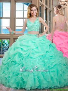 Apple Green Two Pieces V-neck Sleeveless Organza Floor Length Zipper Beading and Ruffles and Pick Ups Ball Gown Prom Dress