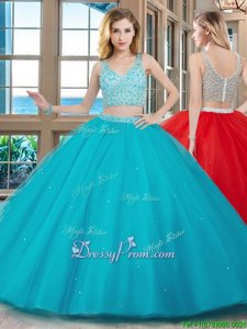 Luxury V-neck Sleeveless Sweet 16 Dress With Brush Train Beading Aqua Blue Tulle