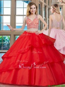 Super Red Two Pieces Beading Quinceanera Gown Zipper Organza Sleeveless With Train