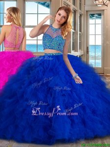 Dynamic Royal Blue Two Pieces High-neck Sleeveless Tulle With Brush Train Lace Up Beading and Ruffles 15th Birthday Dress
