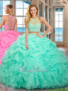 Fantastic High-neck Sleeveless Organza Quinceanera Gowns Beading and Ruffles Lace Up