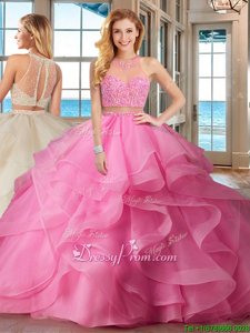 Superior Brush Train Two Pieces Vestidos de Quinceanera Baby Pink High-neck Organza Sleeveless With Train Lace Up