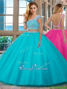 Shining Aqua Blue Backless Quince Ball Gowns Beading and Ruffles Cap Sleeves Floor Length