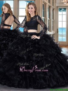 Superior Black Backless Quinceanera Dresses Ruffles Long Sleeves Floor Length