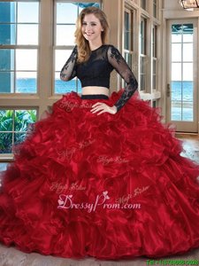 Organza Scoop Long Sleeves Backless Ruffles Vestidos de Quinceanera inBlack and Red