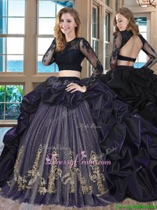 Romantic Long Sleeves Taffeta With Brush Train Backless Vestidos de Quinceanera inPurple forSpring and Summer and Fall and Winter withEmbroidery and Pick Ups