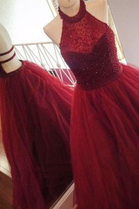 Gorgeous Tulle Halter Top Sleeveless Sweep Train Backless Beading Prom Dresses in Burgundy