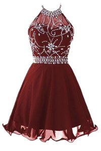 Knee Length Burgundy Prom Gown Chiffon Sleeveless Beading