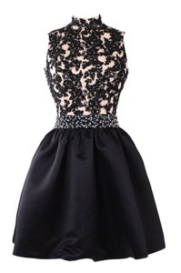 Black A-line Beading and Appliques Backless Satin Sleeveless Knee Length