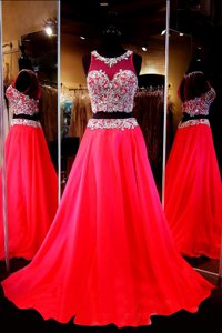 Scoop Sleeveless Sweep Train Backless Prom Evening Gown Red Chiffon