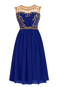 Scoop Knee Length Zipper Prom Evening Gown Royal Blue and In for Prom and Party with Beading