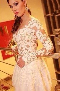 White A-line Appliques Dress for Prom Backless Lace Long Sleeves Knee Length