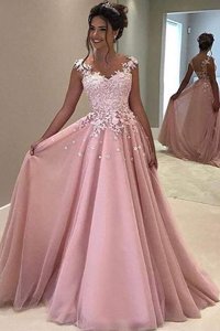 Pink Homecoming Dress Prom and For with Appliques V-neck Sleeveless Sweep Train Zipper